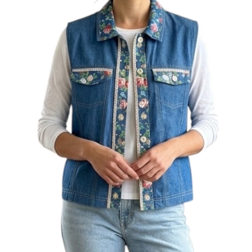 Vintage 90s Koret City Blues Floral Denim Vest Size 12 Cottagecore Grandmacore
